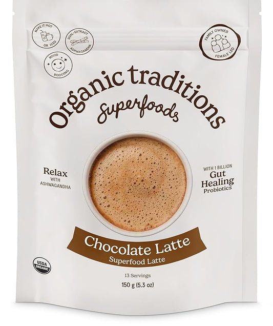 Organic Traditions Superfood Chocolate Latte – Creamy Coconut Milk Base - Dual Extract Ashwagandha – Easy to Mix - Sweetened with Coconut Palm Sugar – 1 Billion Probiotics per Serving - 150g/ 5.3oz Bag