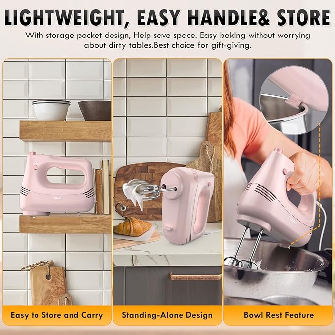 Electric Hand Mixer with Stainless Steel Whisk, Dough Hook Attachment and Storage Bag, Handheld Mixer for Baking Cakes, Eggs, Cream Food Mixers. Turbo Boost /5 Speed Kitchen Blender PINK