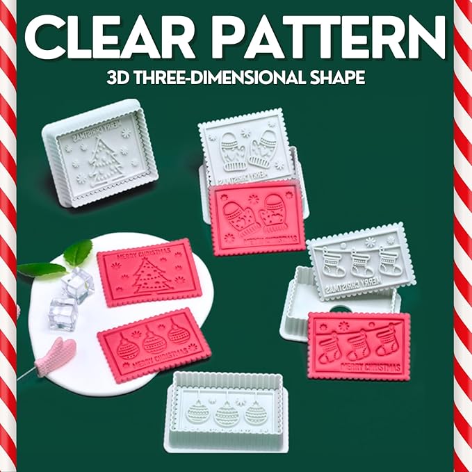 Christmas Cookie Cutters, 4-Piece 3D MERRY CHRISTMAS Plastic Cookie Stamp Set, Comes with Merry Christmas in English, Perfect for Christmas cookie baking and parties