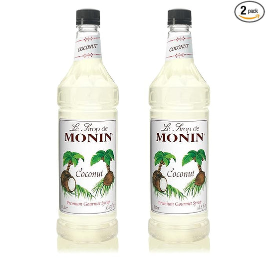 Monin - Coconut Syrup, Creamy Tropical Flavored Syrup, Coffee Syrup, Natural Flavor Drink Mix, Simple Syrup for Coffee, Lemonade, Cocktails, & More, Gluten-Free, Non-GMO, Clean Label (1 Liter, 2-Pack)
