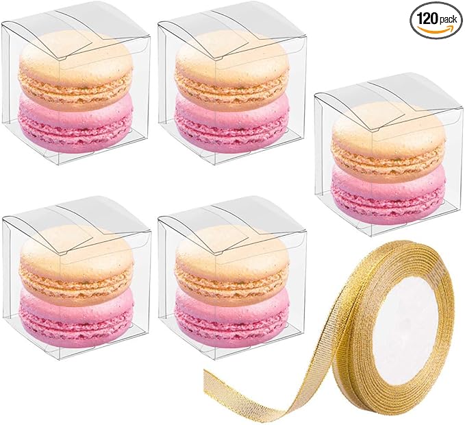 JOERSH 2x2x2 Inches Clear Boxes for Favors with Gift Ribbons, 120 PCS Mini Transparent Cube Wedding Baby Shower Birthday Party Favor Boxes, Small Gifts Display Individual Macaron Box