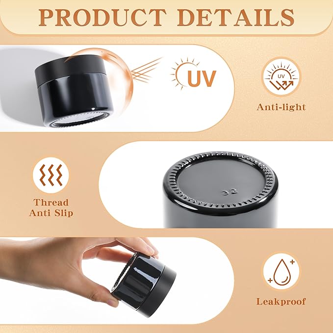 Glass Jars with Lids,Eco-Friendly Cosmetic Containers with Airtight Black Lids & Liners, Multi-Color Options for Cream, Lotion, Body Butter, DIY Skincare Travel Jars (Black, 2oz)