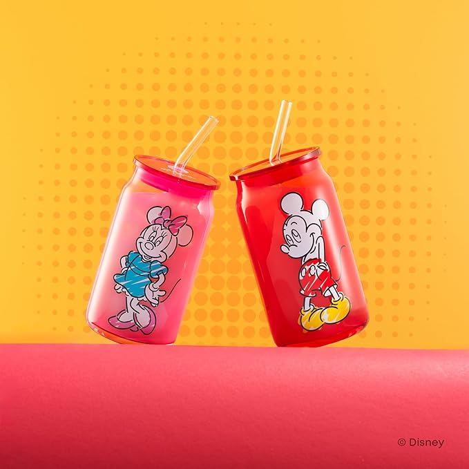 JoyJolt Disney Mickey Mouse and Friends Color Sketch Glass Tumblers with Lids and Straws, 16oz Glass Cups with Lids and Straws, Can Shaped Drinking Glasses Set of 4, Disney Gifts for Adults