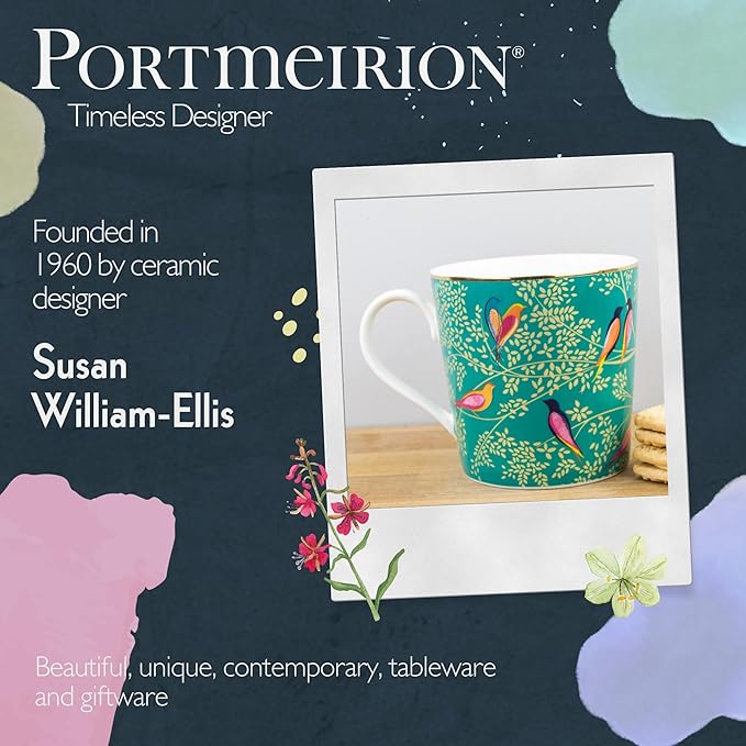 Portmeirion Sara Miller Chelsea 12oz Tea Cup, Emerald Green - Fine China Coffee Mug with Hummingbird Motif - Elegant Tea Party Cup for Afternoon Tea Moments - Great Gift for Her/Mother