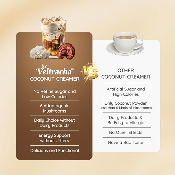 Veltracha Mushroom Coffee Creamer, Superfood Coconut Creamer Powder with 6 Adaptogenic Mushrooms - Reishi, Turkey Tail, Lions Mane, Non-Dairy Coconut Powdered Creamer for Energy & Focus & Digestion, 30 Servings, Mocha