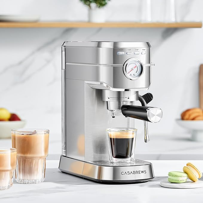 CASABREWS CM5418 Espresso Machine 20 Bar, Compact Espresso Maker with Steam Milk Frother, Stainless Steel Coffee Machine with 34oz Removable Water Tank for Cappuccino, Latte, Silver