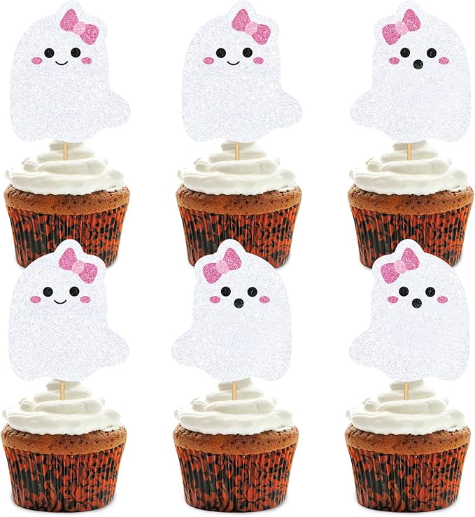 Whaline 48Pcs Halloween Cupcake Toppers Pink Bow Ghost Cupcake Picks Cute Ghost Cake Decorations for Halloween Birthday Party Supplies