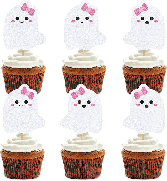 Whaline 48Pcs Halloween Cupcake Toppers Pink Bow Ghost Cupcake Picks Cute Ghost Cake Decorations for Halloween Birthday Party Supplies