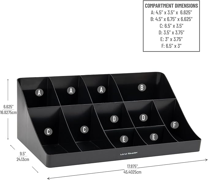 Mind Reader Cup and Condiment Station, Countertop Organizer, Coffee Bar, Kitchen, Stirrers, 17.875"L x 9.5"W x 6.625"H, Black