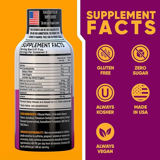 Grape Extra Strength Energy Shot 48 pk – 260mg Natural Caffeine B12 B6 – Energy & Focus Support – 2 Servings Sugar Free Zero Calorie Green Tea B-Vitamins Electrolytes Vegan – 1.93 fl oz
