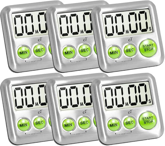 Elegant Digital Kitchen Timer Stainless Steel - Lime - Strong Magnetic Back - Kickstand - Loud Alarm - Large Display - Auto Memory - Auto Shut-Off - Model eT-25 (Lime 6-Pack) by eTradewinds