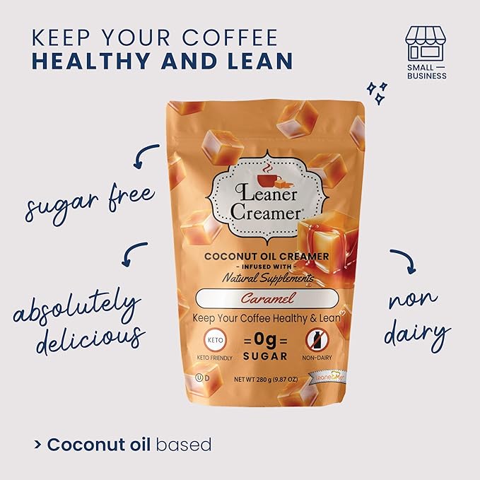 Leaner Creamer Coconut Creamer with Superfood Ingredients – Non-Dairy, Sugar-Free, Keto, Gluten-Free Powdered Coffee Creamer – Caramel – 280g