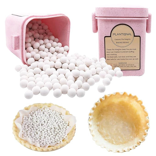 PLANTIONAL Ceramic Pie Weights, 1.32Lb Reusable 10mm Baking Beads with Wheat Straw Container, Natural Ceramic Stoneware Baking Beans for Pie Crust Pastry (Pink)