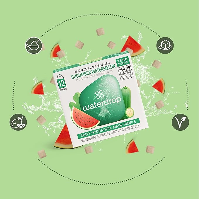 Waterdrop Hydration Cubes with Vitamin C, B Vitamins, and Electrolytes, Cucumber Watermelon Flavor, Flavored Water Enhancer Cubes for Still & Sparkling Water, Low Calorie, Sugar Free, 48 Count
