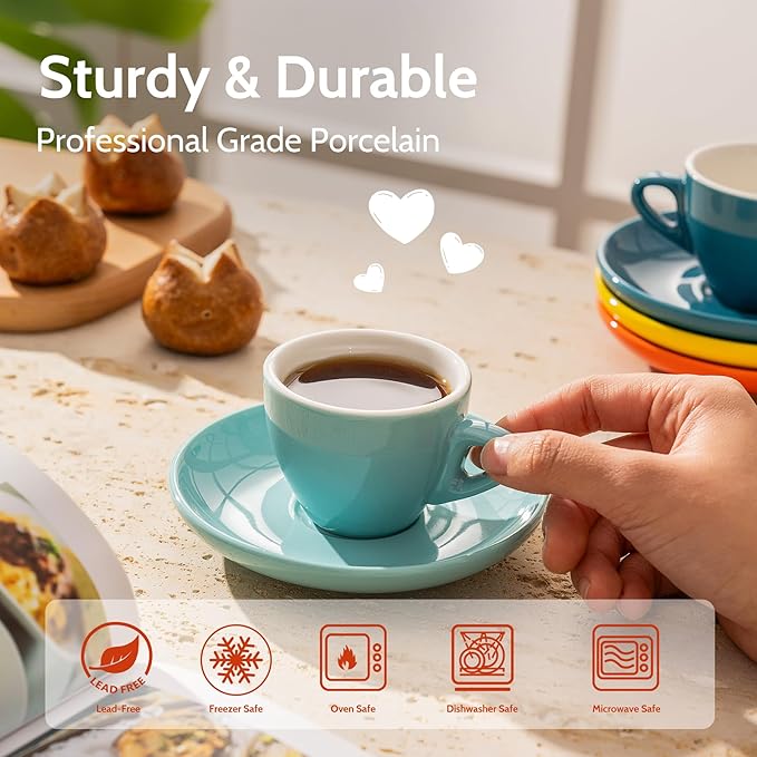 Sweese 2 Ounce Espresso Cups with Saucers, Porcelain Espresso Cups Set of 6 - Hot Assorted Colors