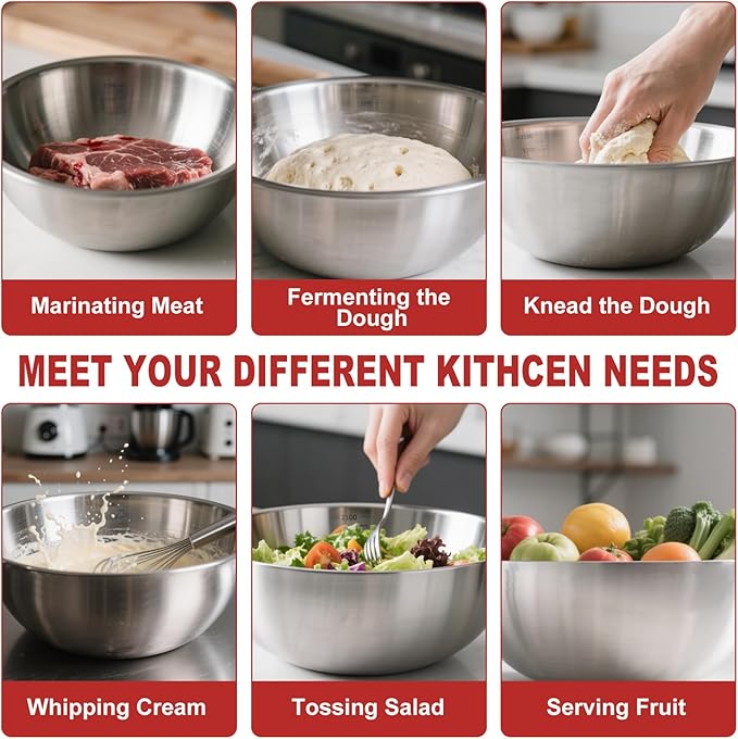 3-Piece Stainless Steel Mixing Bowls Set (6.69" 7.48" 8.27" inch) - Food Grade 304 with Measurement Marks, Dishwasher Safe & Stackable - Perfect for Baking, Salad Making, Meal Prep and Kitchen Use