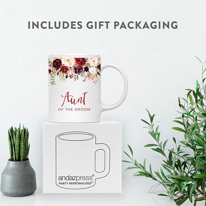 Andaz Press 11oz. Wedding Ceramic Coffee Tea Mug Gift, Fall Autumn Marsala Burgundy Flowers Roses Florals, Aunt of the Groom, 1-Pack, Includes Gift Box