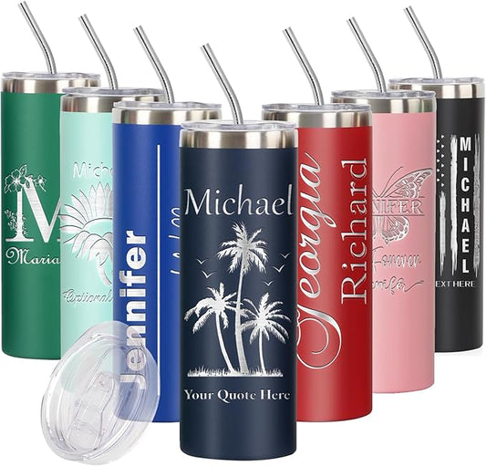 Personalized 20oz Skinny Tumbler: Engraved, Stainless Steel, Insulated, Leak-Proof Lid & Straw, Hot/Cold for Hours, Ideal for Coffee, Water, Wine, Gift for Birthdays, Weddings, Christmas, (25 designs)