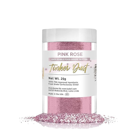 BAKELL Pink Rose Edible Glitter, 25 Grams | TINKER DUST Edible Glitter | KOSHER Certified | 100% Edible Glitter | Cakes, Cupcakes, Cake Pops, Drinks, Dessert Vegan Glitter & Dusts (25g, Pink Rose)