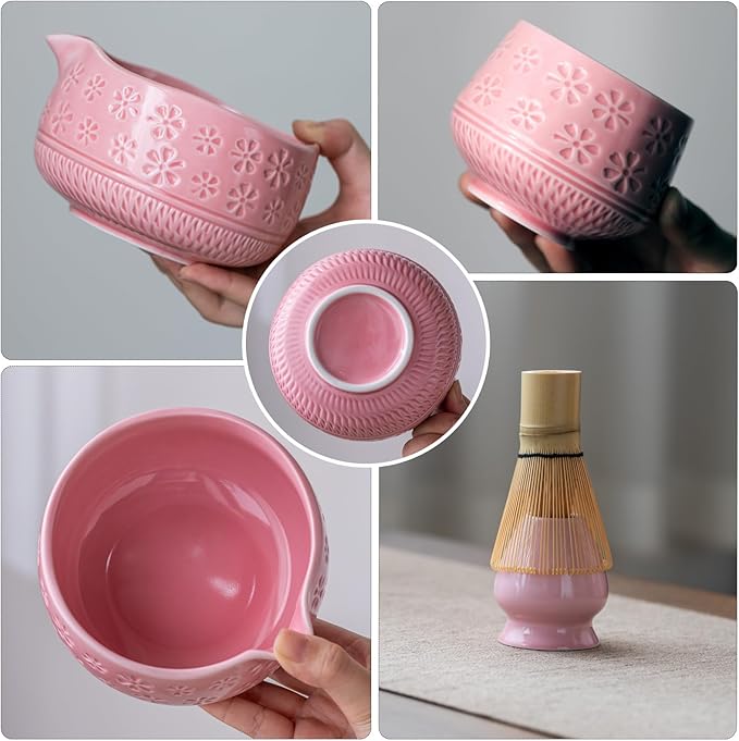 Matcha Whisk Set, 10 Pcs Matcha Set Includes Matcha Bowl, 2 Cups, Matcha Whisk and Holder, Bamboo Scoop and Spoon, Scoop Rest, Sifter and Tea Towel, Complete Matcha Kit (Pink)