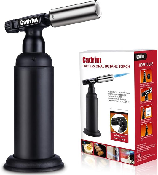 Cadrim Butane Torch, Refillable Pro Culinary Blow Torch Double Fire Cooking Torch and Small Adjustable Flame Kitchen Torch for Creme Brulee, Baking BBQ (Jat black)