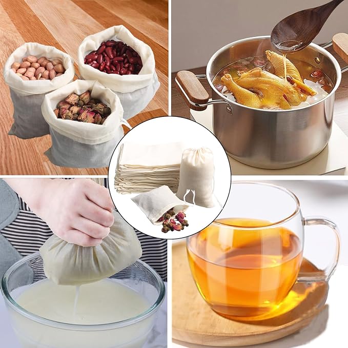 Eketirry Spice Bags, 10pcs Reusable Empty Tea Bags, Muslin Strainer Bags, Soup Bags for Cooking, Natural Cotton Fine Mesh Cheesecloth Bags for Cold Brew Coffee(7 x8Inch)