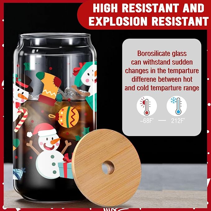 Christmas Snowman Glass, 16 Oz Winter Iced Coffee Glass with Straw and Lid, Winter Snowman Themed Perfect for Christmas and Holiday Celebration Decorations (One)