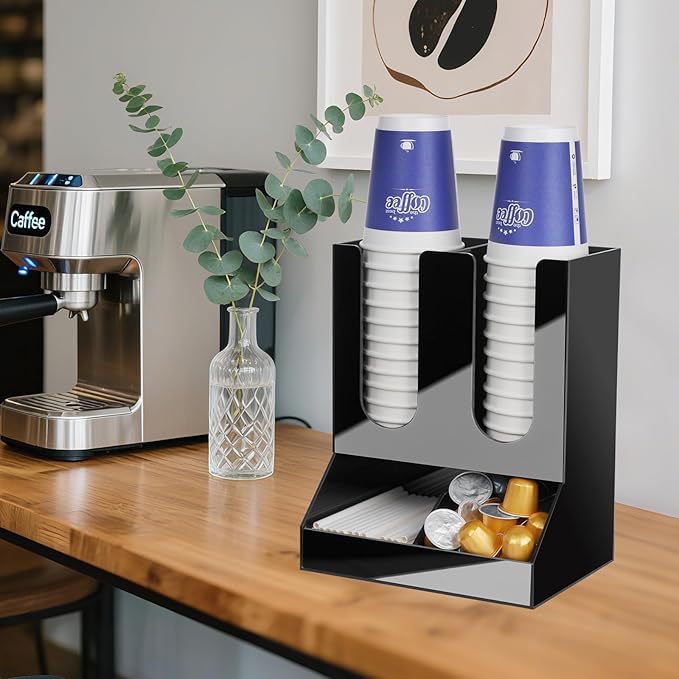 MYITYARD Coffee Station Organizer, Coffee Cup Holder for Countertop, Cup and Lid Dispenser with 4 Compartment, Coffee Bar Accessories Organizer for Home, Kitchen, Office and Breakroom