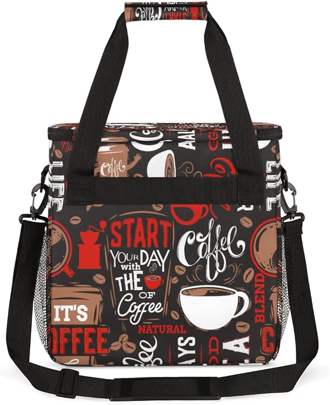 Brown and Red Coffee Cafe Coffee Maker Carring Bag Travel Carrying Storage Tote Bag Compatible with Keurig K-Mini or K-Mini Plus Portable Single Serve Coffee Brewer Case with Pockets for K-cup Pods