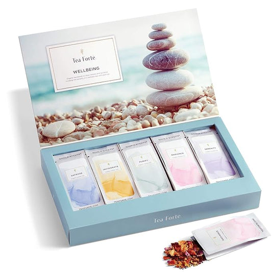 Tea Forte Wellness Tea Assortment Single Steeps Loose Leaf Premium Tea Gift Set Sampler, 15 Count 3 of Each Assorted Blends, Pre-Portioned Single Serve Pouches, Steeps 12 oz