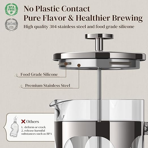 Veken French Press Coffee Maker 34oz,No Plastic Touching Cafe,Thickened Borosilicate Glass Stainless Steel Brewer,Cold Brew Cafetera Teapot for Kitchen Travel Camping,Gifts,Bar Accessories,Dark Pewter