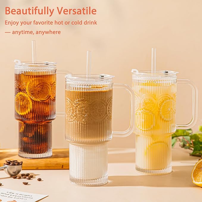 26oz Ribbed & Floral Glass Tumbler with Handle – Smoothie Cup with Lid & Straw – Reusable Iced Coffee Tumbler for Hot & Cold Drinks – Perfect for Smoothies, Matcha,Whiskey (Set of 1)