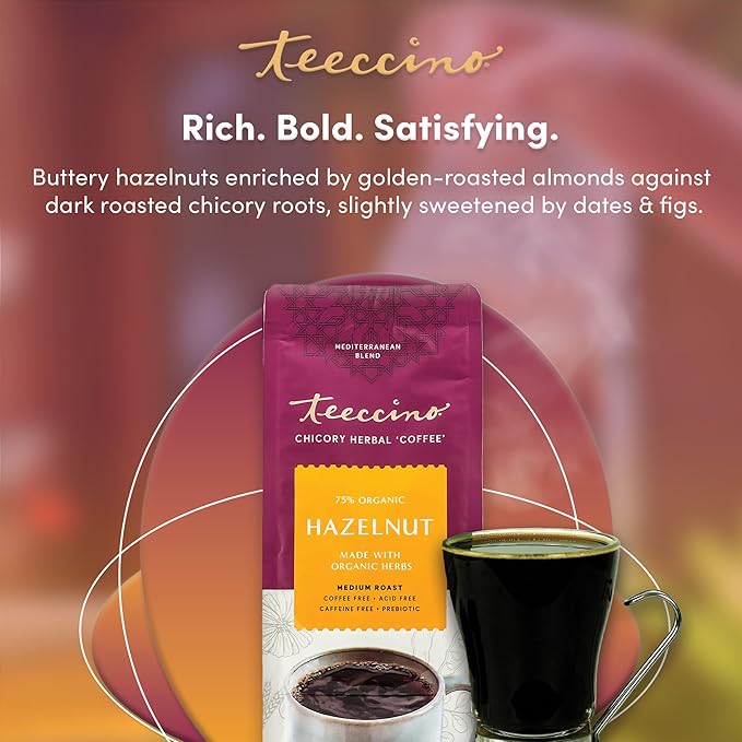 Teeccino Hazelnut Chicory Coffee Alternative - Ground Herbal Coffee That’s Prebiotic, Caffeine Free & Acid Free, Medium Roast, 11 Ounce (Pack of 6)