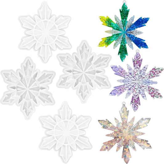 4Pcs Christmas Snowflake Silicone Mold Resin Ornament Molds for Epoxy Resin, DIY Xmas Pendant Home Decoration