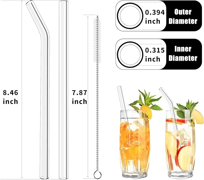 Lazycorner Reusable Glass Straws Set 16 Pcs 8.5''x 10MM Bent Clear Glass Drinking Straws, Set of 16 Bent with 4 Cleaning Brushes. Reusable Straws Perfect For Smoothies, Tea, Juice-Clear Cocktail.