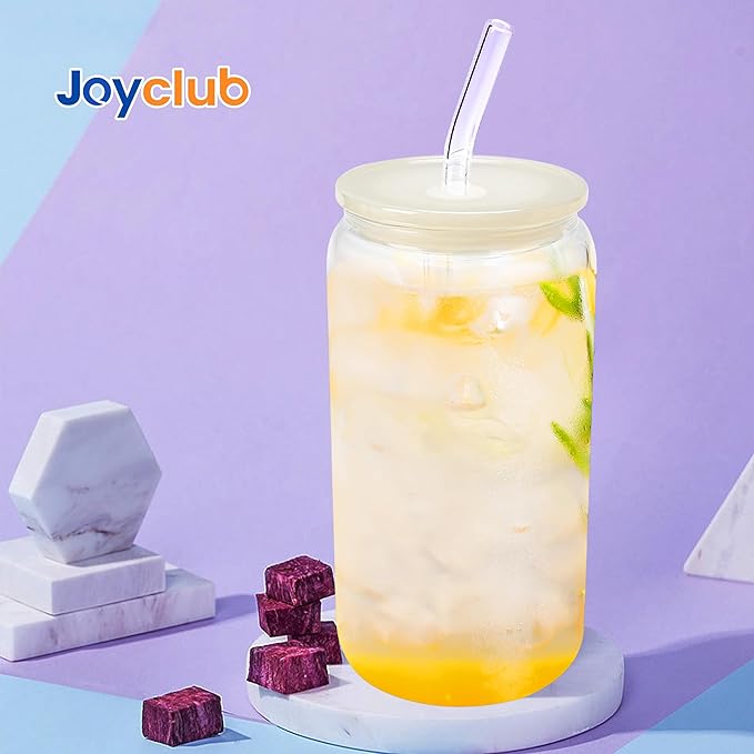 Joyclub 8pcs Glass Cups with Acrylic Lids and Straws 16 oz Can Shaped Glass Iced Coffee Cups with Lids and Straws, Cute Tumbler Cup Drinking Glasses for Smoothie Whiskey Boba Soda Tea Gift