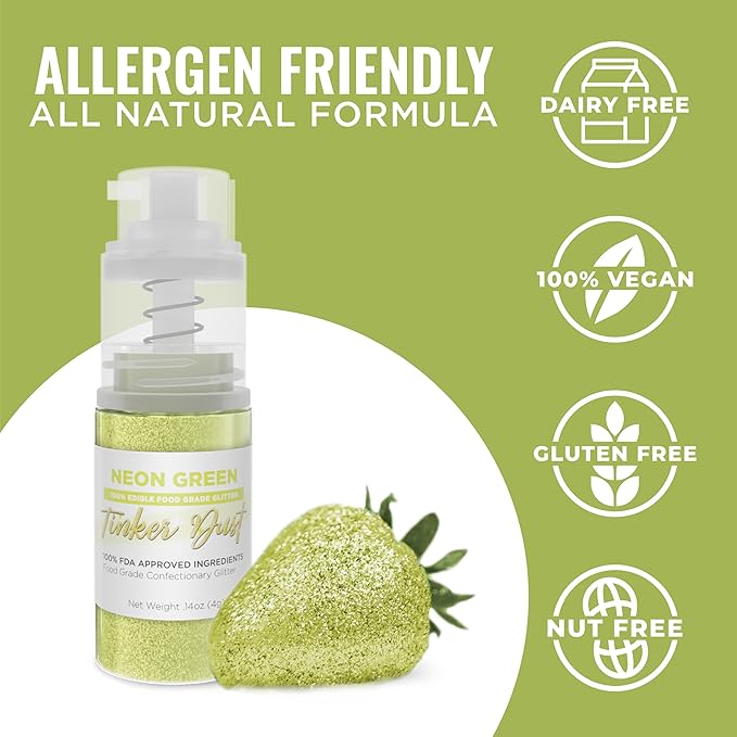 Bakell - Neon Green Tinker Dust (4g, 1x Mini Spray Pump) Edible Glitter for Food, Desserts, and Beverages!