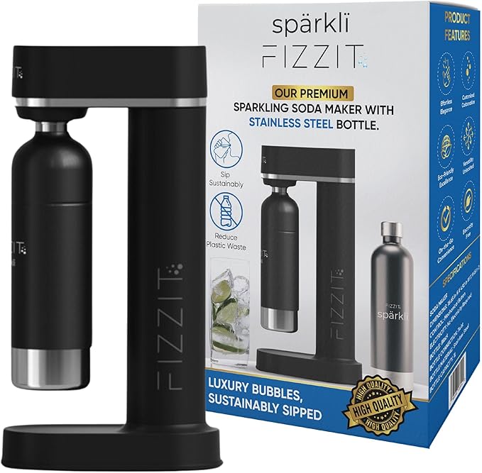 FIZZIT Spärklí Black Carbonated Water Soda Maker Bundle – Includes 1 Black Stainless Steel Bottle, 1 White Stainless Steel Bottle & 2 CO? Cylinders – Premium Sparkling Water Maker for Home & Kitchen