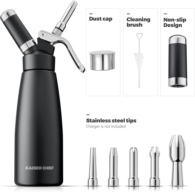 Professional Aluminum Whipped Cream Dispenser - 1000 mL/2 Pint,Whipped Cream Maker Canister with 5 Decorating Nozzles & Cleaning Brush - Need To Use N2O Chargers (Not Included) (Black, 1000ml)