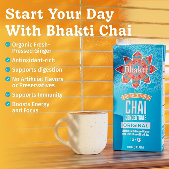 Bhakti Chai Tea Concentrate | Original, Organic Fresh Ginger, Black Tea, Sweetened, Spiced, Dairy-Free, Vegan (Pack of 3)