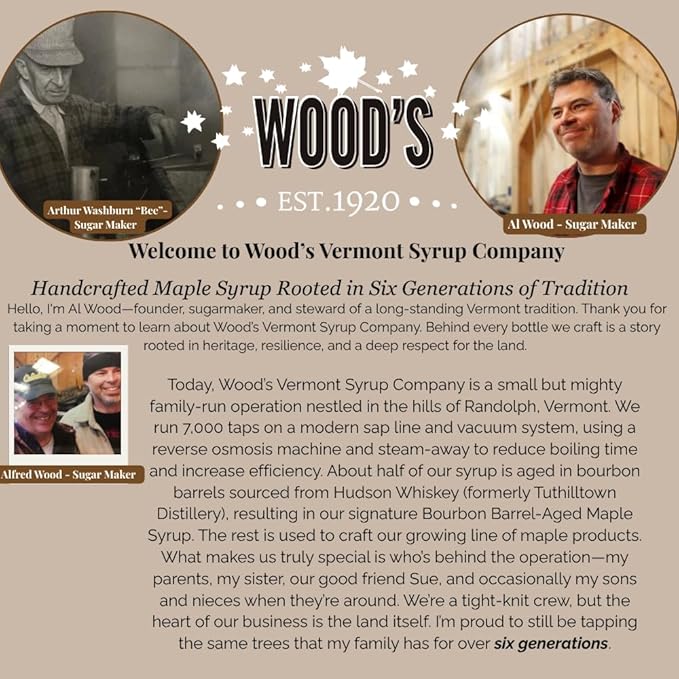 WOOD'S Vermont Bourbon Barrel Aged Maple Syrup – Premium Maple Syrup with Rich Flavor & Subtle Bourbon Notes – Ideal for Pancakes, Desserts, and Cocktails – 8.45 oz