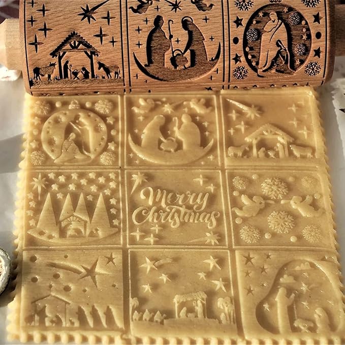 Christmas Wooden Rolling Pin for Baking,Engraved Embossing Rolling Pin Cookie Stamps Roller Square Grid Cookies Mold Kitchen Decor Tools for Kids Adults(Jesus Nine Palaces)