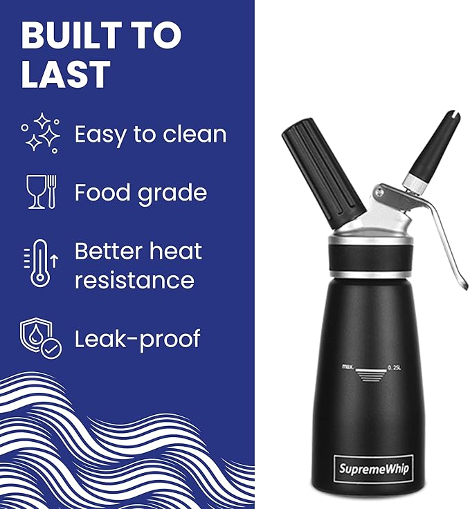 Pro Cream Dispenser, Durable High-Grip, Metal Lid with Rubber, 3 Nozzles, for Hot/Cold Use, Cleaning Brush Included, Black - 250ml/1 Pint