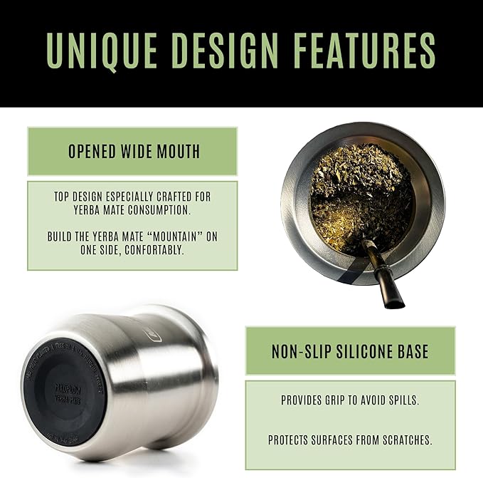 MADFLOW Yerba Mate Cup. Stainless Steel Mate Cup with 2 Bombillas. Double Wall Vacuum Insulated Yerba Mate Gourd. Unique Mate Cup And Bombilla Set
