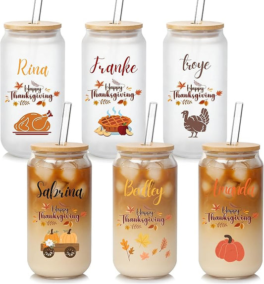 Mason Life Personalized Thanksgiving Gift Glass Cup Personalized with Name-Can Shaped Glass with Lids and Straws-18OZ Iced Coffee Cups