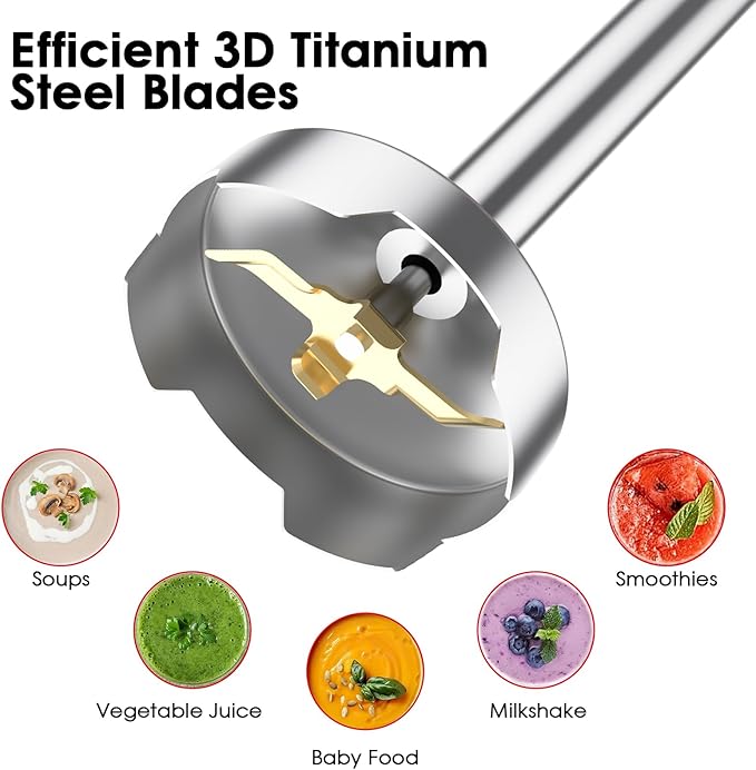 Blackcow Immersion Blender Handheld, 800W Powerful Electric Hand Blender with Titanium Alloy Blades, 12 Speeds & Turbo, Electric Hand Mixer for Smoothies, Soups, Baby Food and Purees