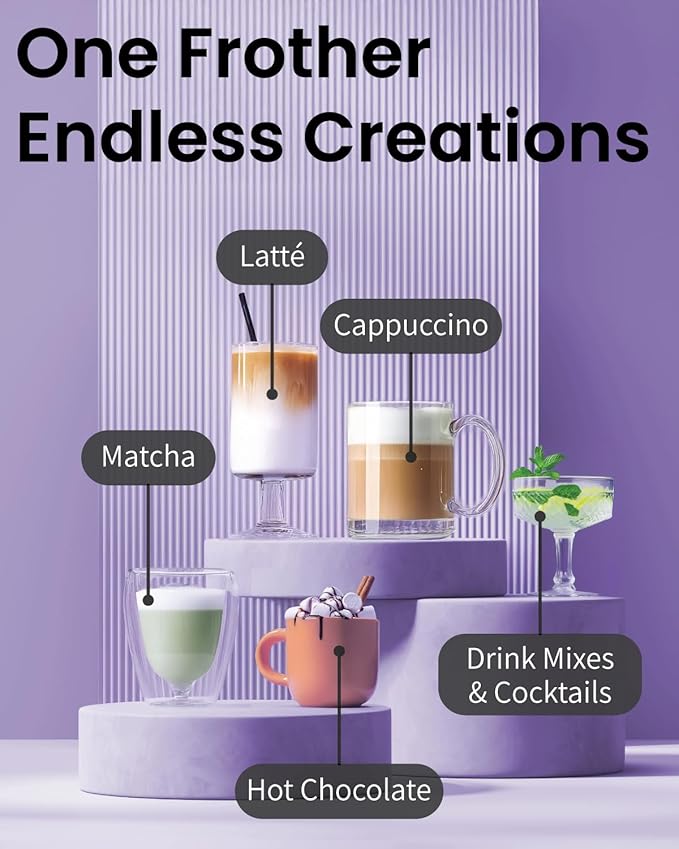 Elementi Electric Milk Frother Handheld - Create Creamy Coffee, Delicious Matcha and Perfect Drinks - Compact Whisk & Mixer with Stand - Light Blue