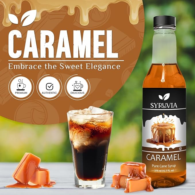 Syruvia Caramel Coffee Syrup - 12.7 fl oz Premium Coffee Flavoring Syrup - Kosher Coffee Syrups, Gluten Free, No Coloring, Perfect for Drinks, Soda, Shakes, Desserts, and More.