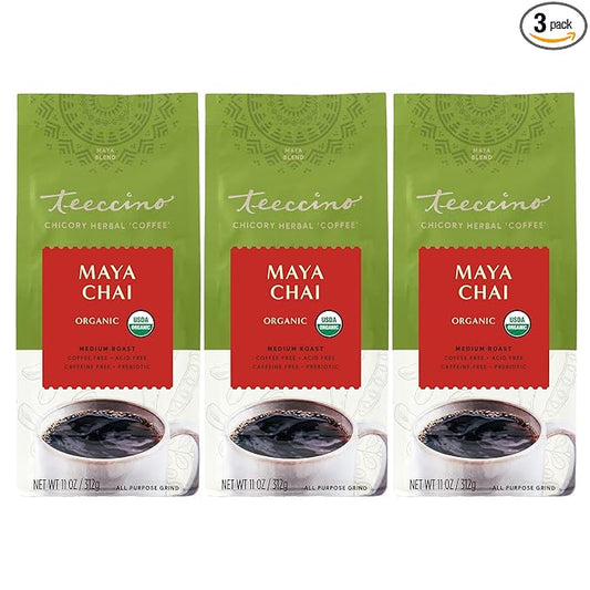 Teeccino Maya Chai Chicory Coffee Alternative - Ground Herbal Coffee That’s Prebiotic, Caffeine-Free & Acid Free, Medium Roast, 11 Ounce (Pack of 3)
