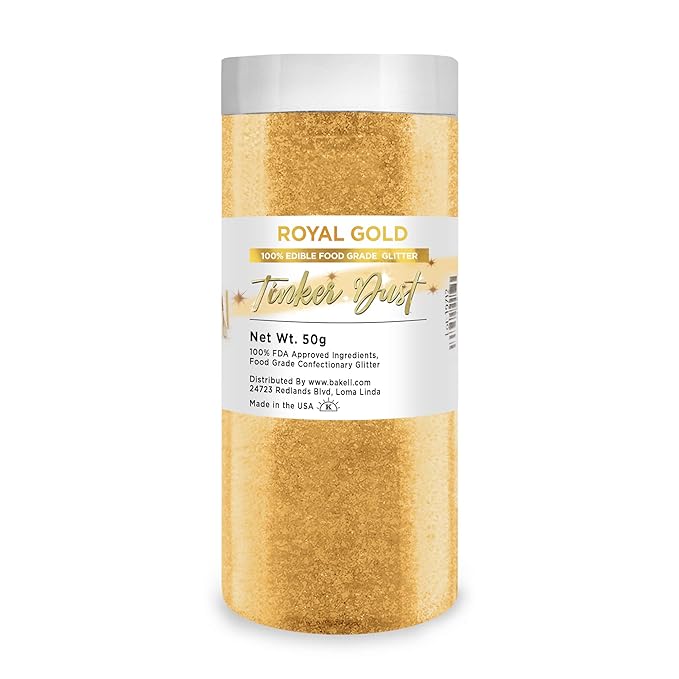 BAKELL Royal Gold Edible Glitter, 50 Grams | TINKER DUST Edible Glitter | KOSHER Certified | 100% Edible Glitter | Cakes, Cupcakes, Cake Pops, Drinks, Dessert Vegan Glitter & Dusts (50g, Royal Gold)